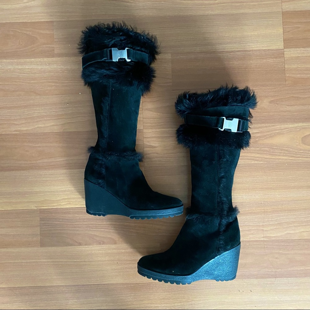 Coach Black Fur-Trimmed Wedge Boots